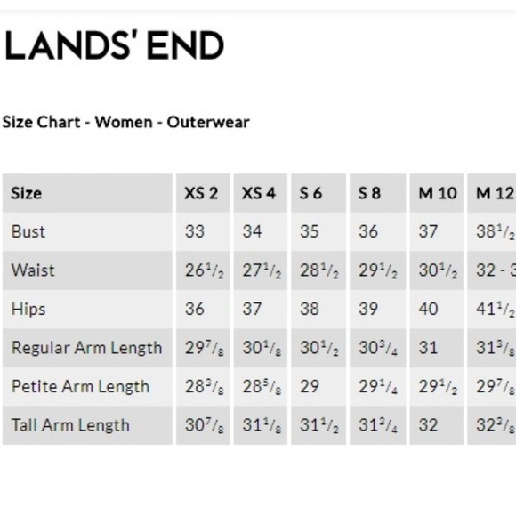 lands end women's coat size chart